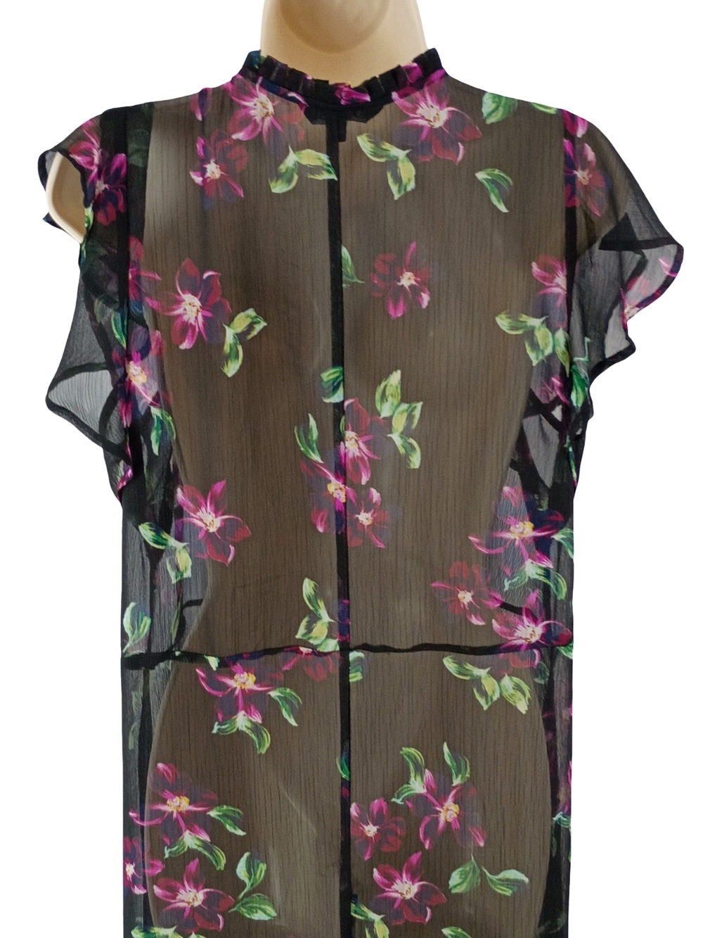 Express Black Sheer Floral Button Down Midi Dress with Pink and Green Print - Picture 5 of 7